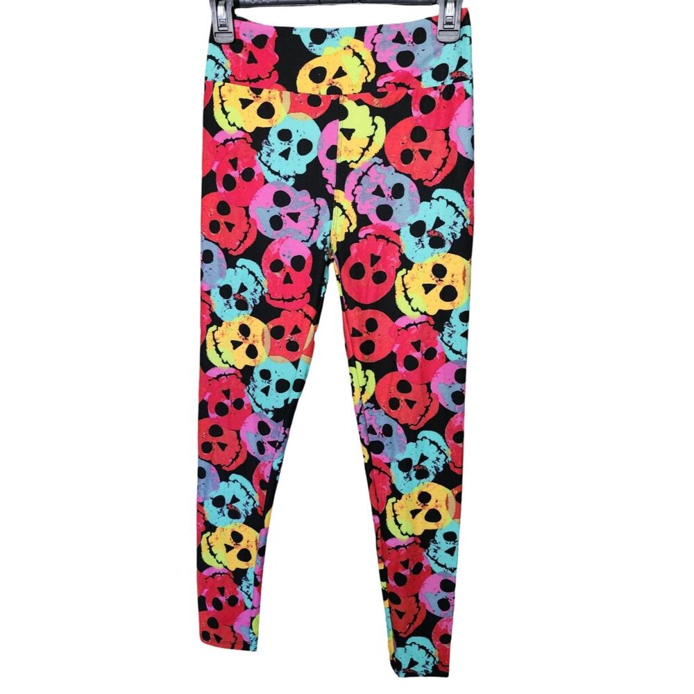 LuLaRoe OS Leggings Neon Rainbow Sugar Skulls Halloween Pumpkin Goth Black
